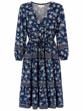 LOFT Blue Floral Boho Midi Dress Long Sleeve Peasant Prairie Cottagecore L